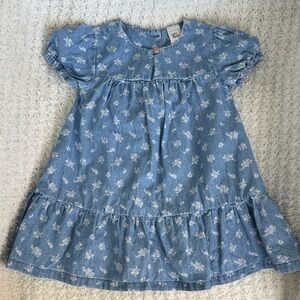Light Blue Floral Cotton-Blend Kids Dress with Puff Sleeves